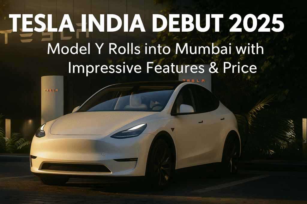 Tesla India debut Tesla Model Y India Tesla India launch Tesla SUV in India Tesla Mumbai showroom Tesla car price in India Model Y features Electric cars in India Tesla electric SUV Tesla India price Tesla 2025 launch in India